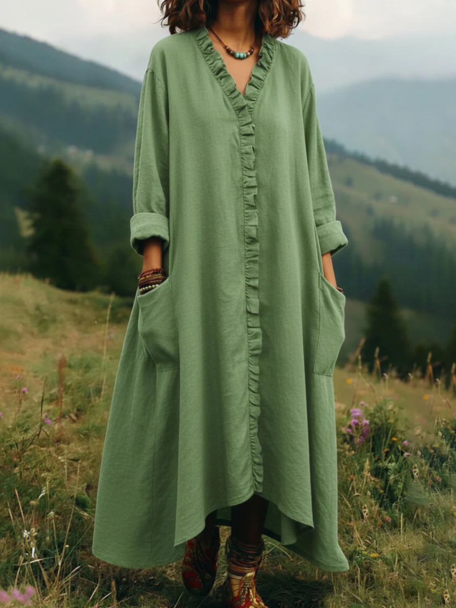 Everyday V-Neck Ruffle-Trim Swing Maxi Dress