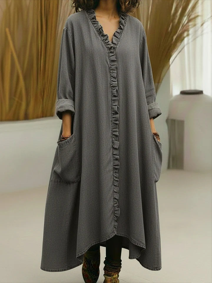 Soft Washed V-Neck Ruffle-Trim Pocket Maxi Dress