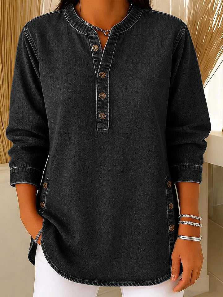 Clearance Sale! π₯ Women's Denim Stand Collar Half-Button Long Sleeve Loose Casual Denim Shirt