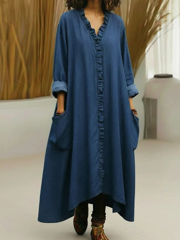 Soft Washed V-Neck Ruffle-Trim Pocket Maxi Dress