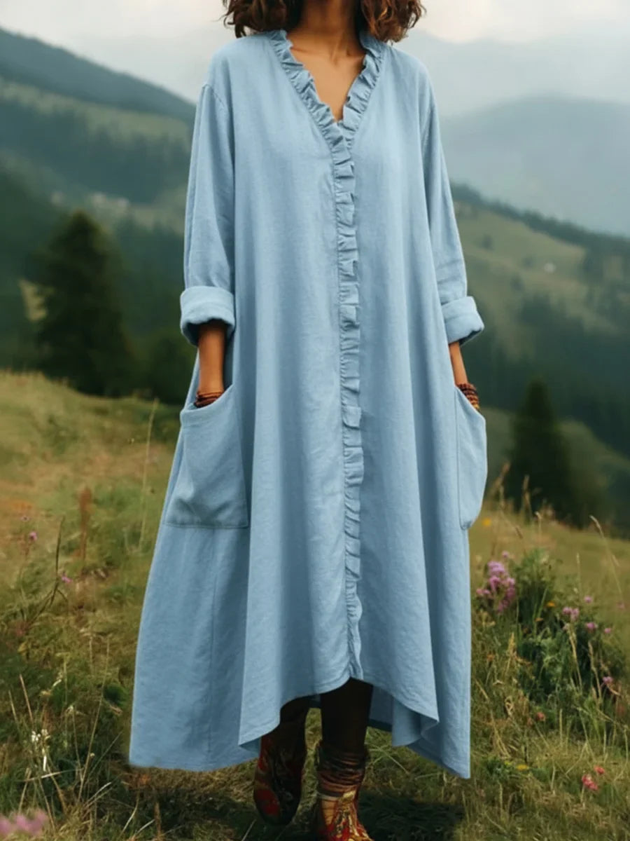 Textured Cotton V-Neck Ruffle-Trim Maxi Dress with Pockets