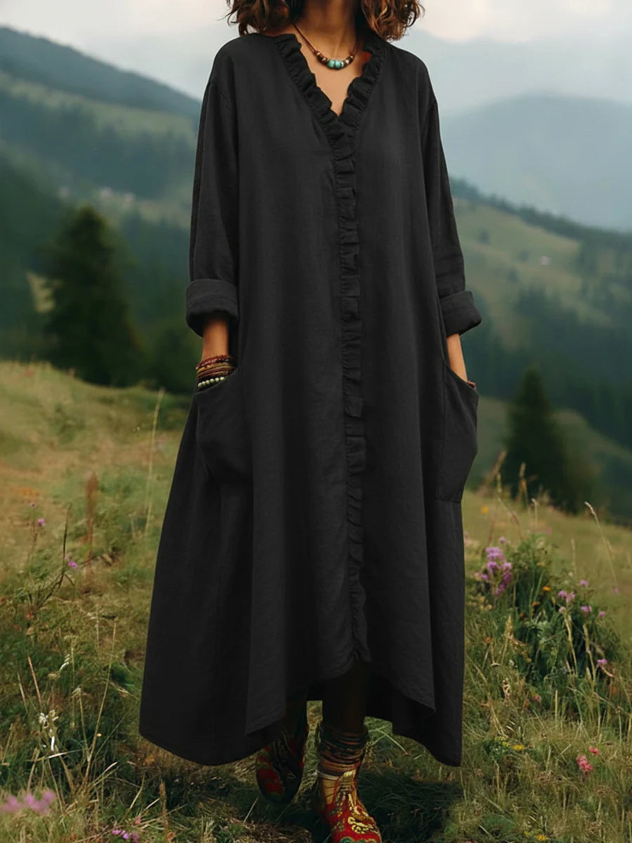 Textured Cotton V-Neck Ruffle-Trim Maxi Dress with Pockets