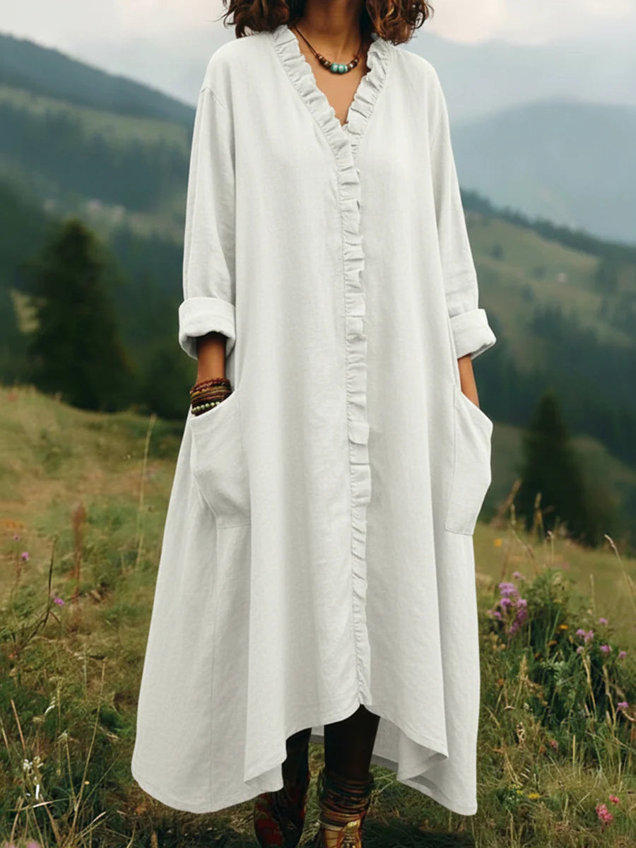 Relaxed V-Neck Ruffle-Trim Midi/Maxi Pocket Dress