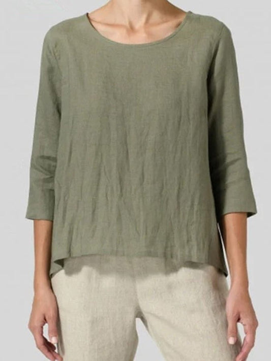 Ladies Cotton Linen Three-quarter Sleeve Casual Loose Shirt