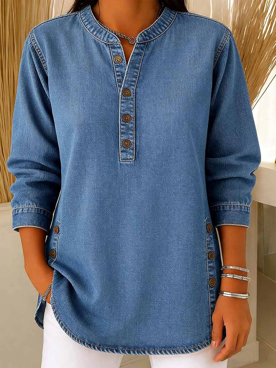 Clearance Sale! 🔥 Women's Denim Stand Collar Half-Button Long Sleeve Loose Casual Denim Shirt