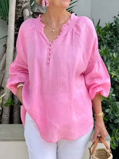 2025 Ladies Casual V-neck Solid Color Cotton and Linen Long Sleeve Top