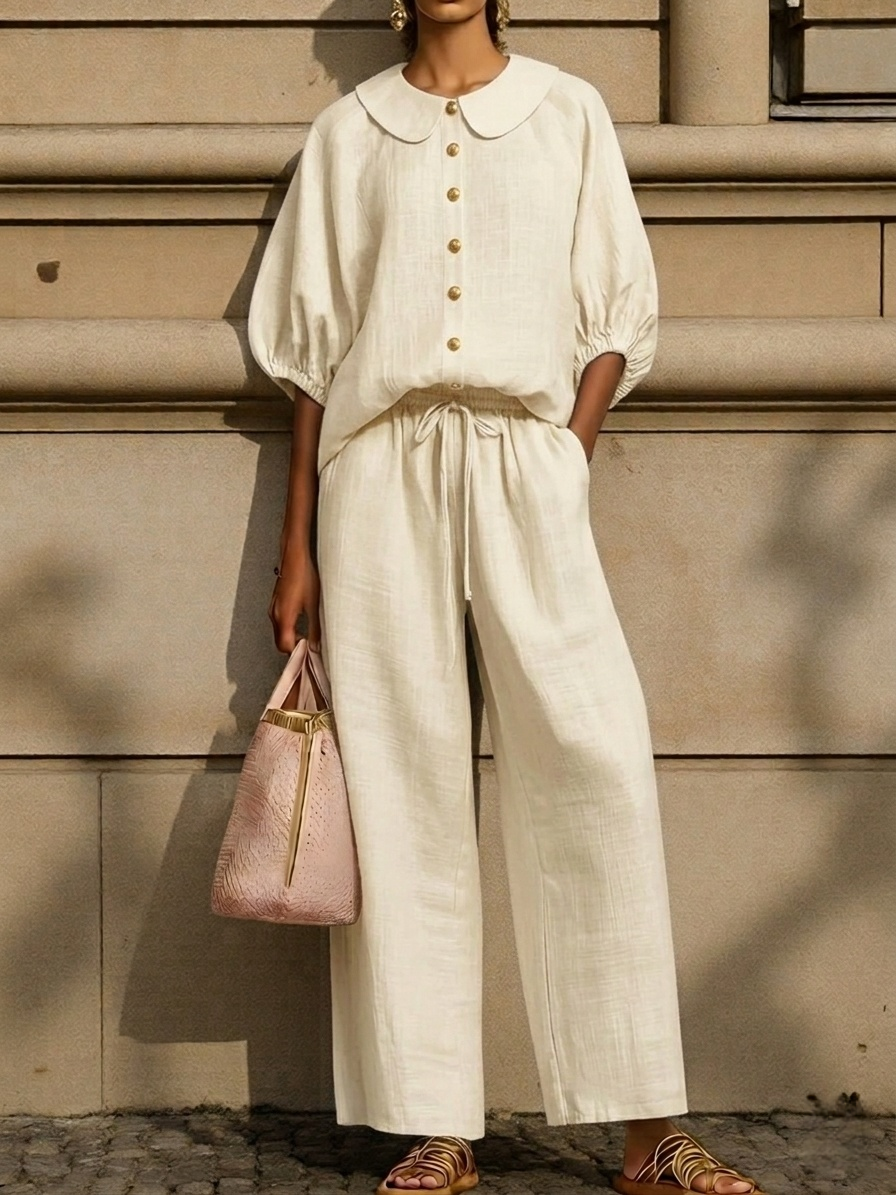 New Arrivals🔥Stylish Peter Pan Collar Shirt And Wide-leg Pant Linen Two-piece Set