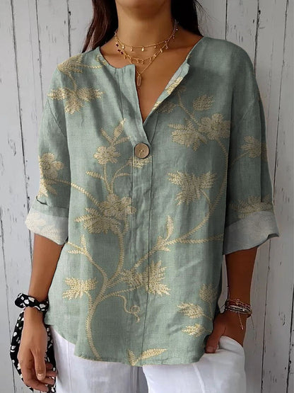 Women's Vintage Floral Art Print Casual Cotton Linen Shirt
