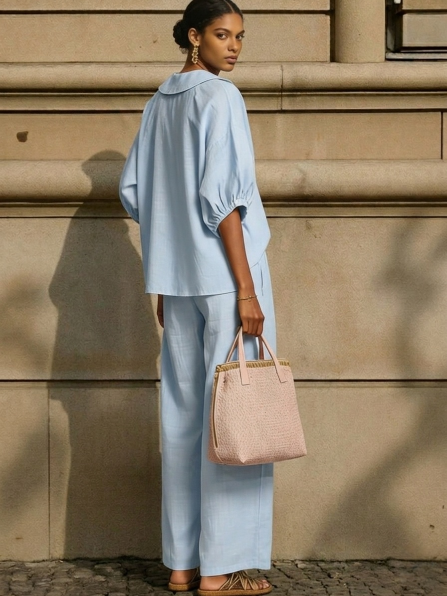 New Arrivals🔥Stylish Peter Pan Collar Shirt And Wide-leg Pant Linen Two-piece Set