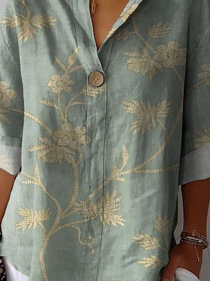 Women's Vintage Floral Art Print Casual Cotton Linen Shirt