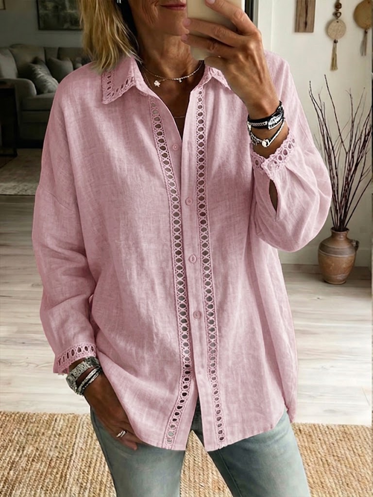 Casual Long-sleeve Linen-cotton Shirt With Spliced cutout Webbing