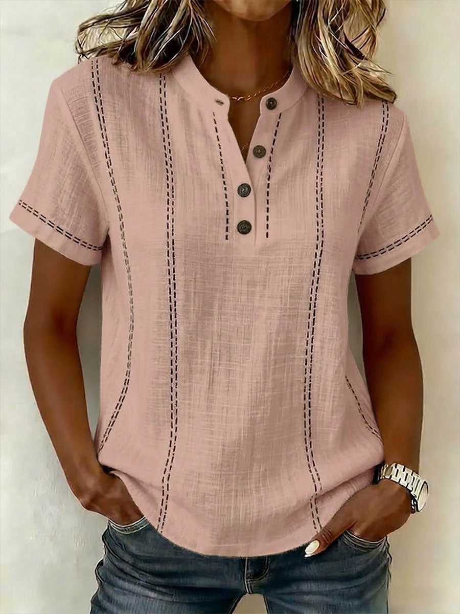 Women's V-neck Short-sleeve Casual Loose Cotton-linen Top